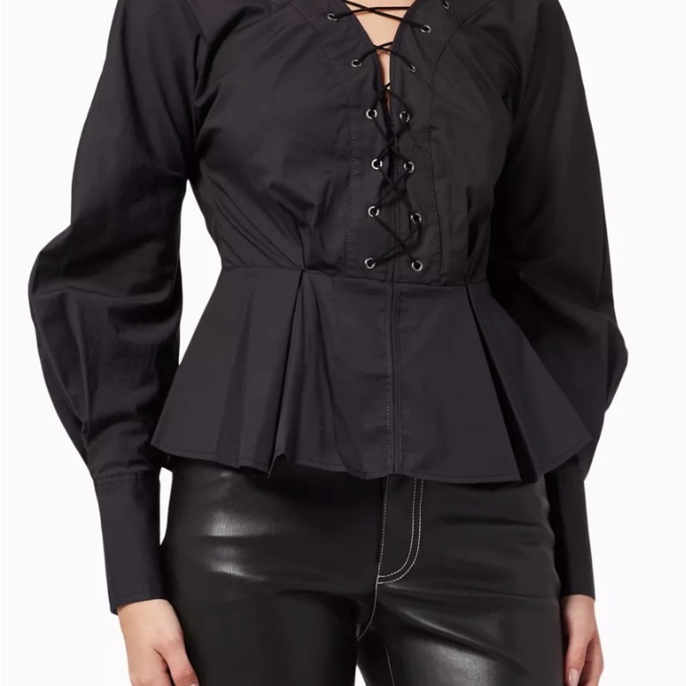 STAUD NWT Elegant Cotton Black Lace-Up Women's Blouse